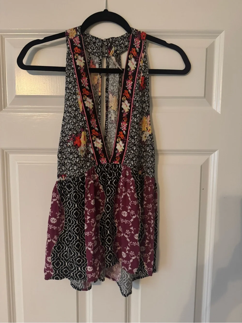 Free People Floral Patchwork Deep V Tank Top - Black & Purple